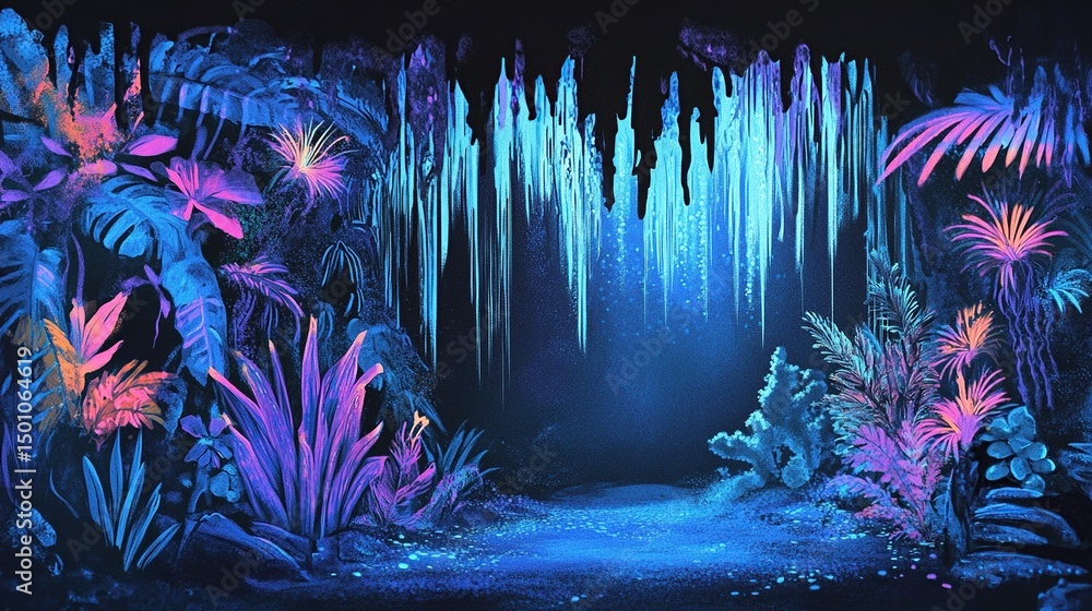 Neon-hued tropical jungle scene with glowing plants and crystals Neon-hued tropical jungle scene with glowing plants and crystals