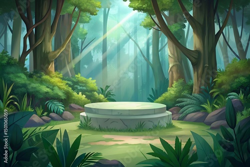 Enchanted Forest Scene with Empty Podium Magical Nature Background Illustration