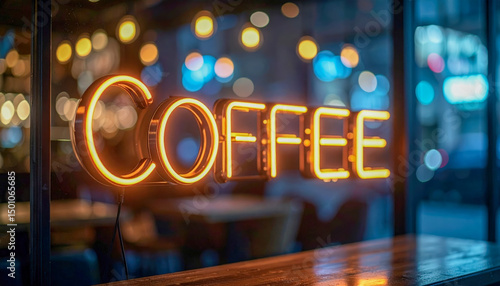 A neon sign for a coffee shop with a blurry background. The sign is lit up and has the word 