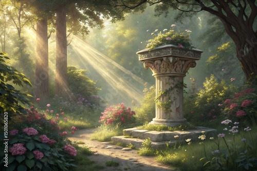 Sunlit Forest Path with Ancient Pedestal A Serene Nature Scene