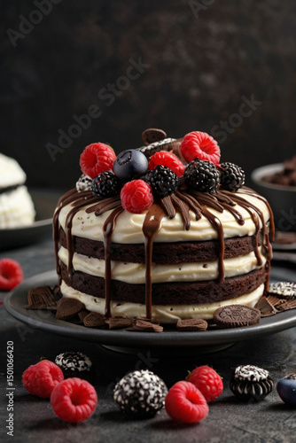 Chocolate cake with creamy vanilla buttercream garnished with mixed berries 