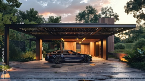 Black car parked under a modern carport with wooden accents and lush greenery at dusk or dawn light
