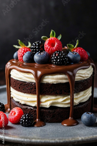 Chocolate cake with creamy vanilla buttercream garnished with mixed berries 