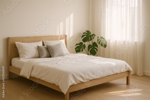 Serene scandinavian bedroom interior design with cozy minimalist aesthetic