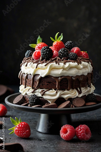 Chocolate cake with creamy vanilla buttercream garnished with mixed berries 