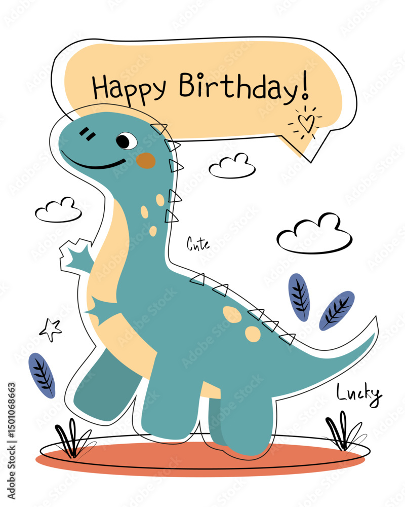 Obraz premium Dinosaur vector funny birthday card. Children's card with cute green dinosaurs and text Happy Birthday. Dino baby colorful illustration in naive style on white background