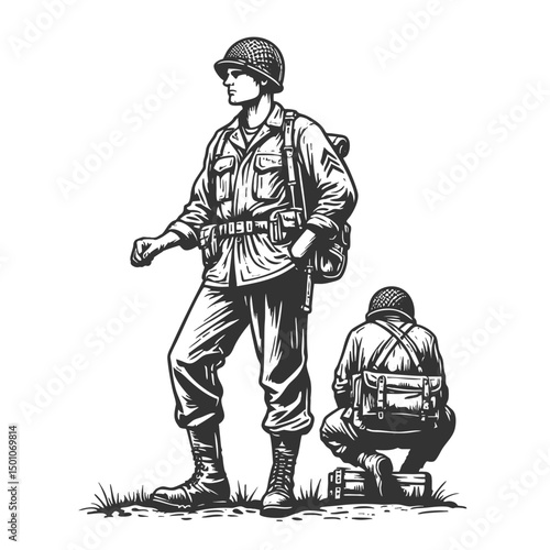 World War II-era soldier in full gear, ready for combat sketch engraving generative ai fictional character vector illustration. Scratch board imitation. Black and white image.