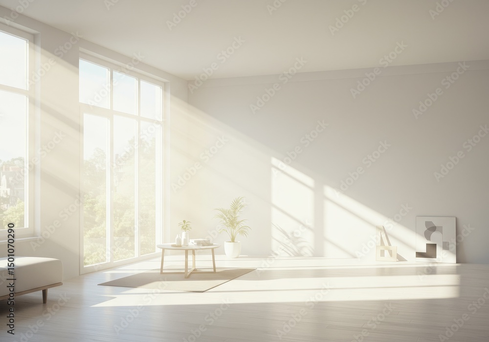 Fototapeta premium Modern Minimalist Interior Photo With Bright Sunlight and White Walls