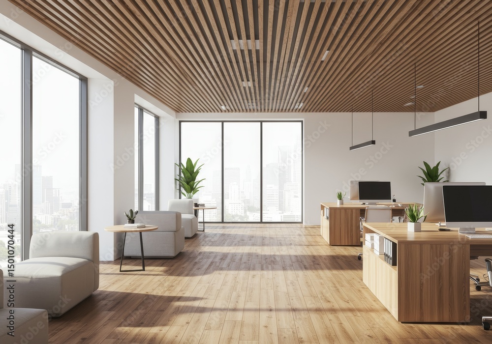 Obraz premium Modern Office Interior Photo With Wooden Furniture and City View