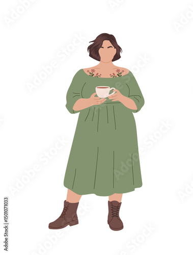 Curvy woman in boho style dress and boots holding a cup of tea or coffee. Full length fashionable female character. Flat vector illustration isolated on transparent background.