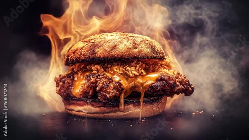Spicy Chicken Sandwich with Melting Cheese and Smoky Atmosphere