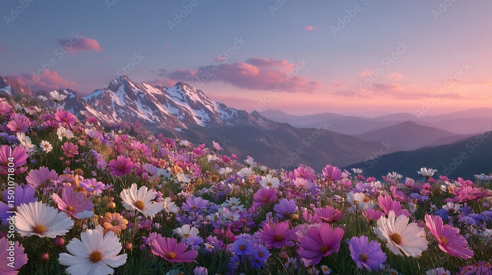 Obraz premium Serene Sunset: A Mountain Meadow of Cosmos