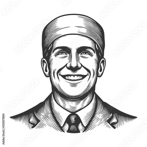cheerful surgeon wearing a surgical cap, glasses, and bow tie with a broad friendly smile sketch engraving generative ai vector illustration. Scratch board imitation. Black and white image.