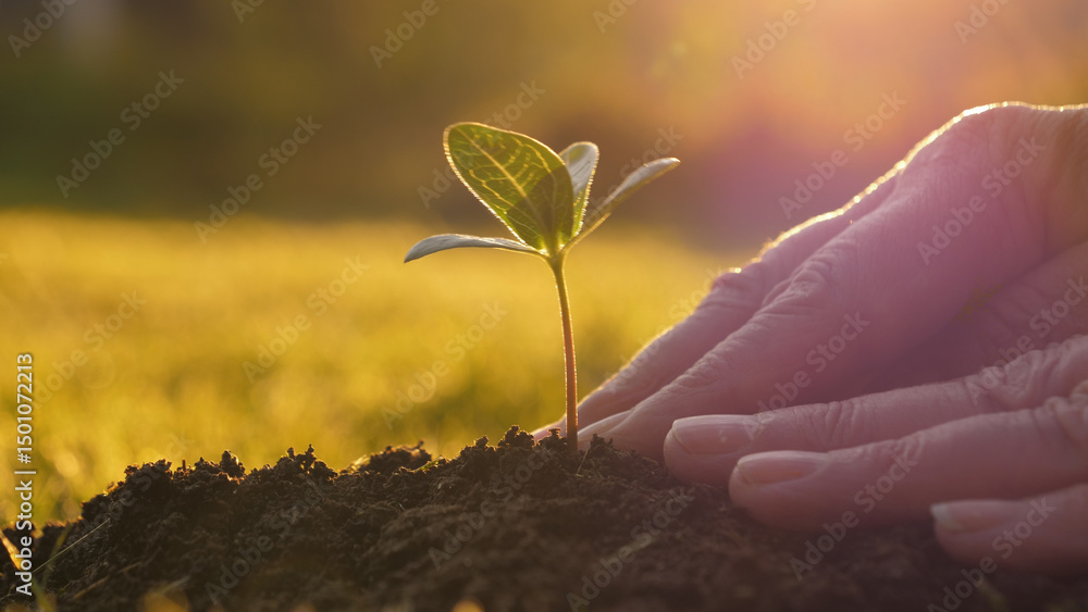 Fototapeta premium Close up of farmer hands planting green sprout in ground. Seedling is lowered by its roots into fertile soil and corrected by pressing soil with hands. Against warm glow of sun at sunset