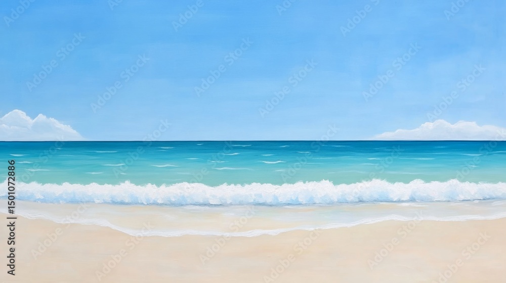 Fototapeta premium Serene beach scene with gentle waves, clear horizon, symbolizing peace and faith, open space for message.