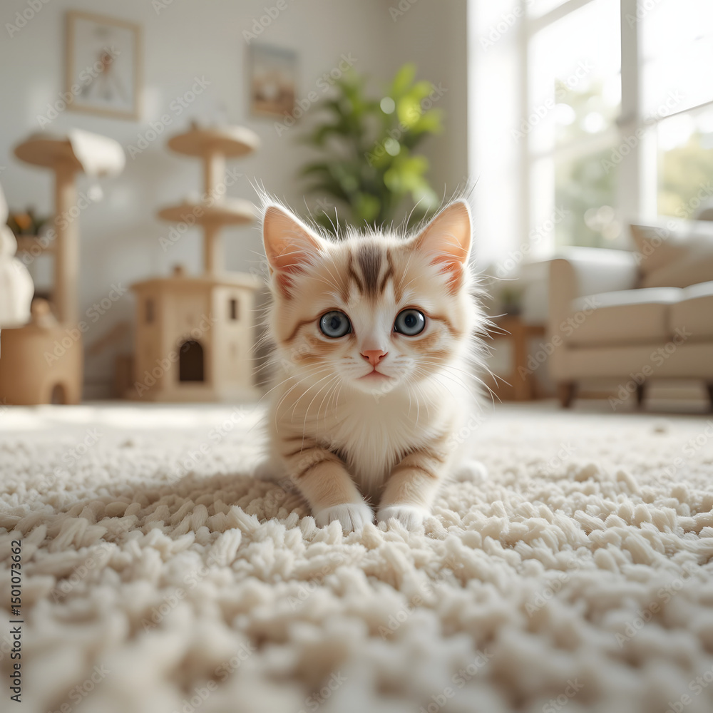 Obraz premium Adorable Kitten Posing on Cream Carpet in Bright Living Room Setting