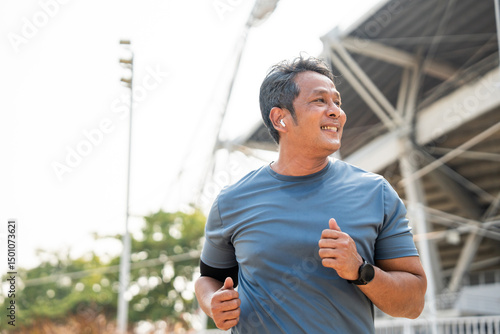 Senior old man runner exercise outdoor nature park. fitness man jogging wearing sportswear. Mature athlete man in sportswear Workout running at outdoor. Health and activity old man lifestyle