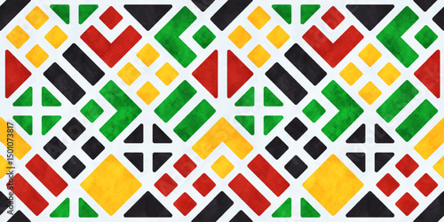 Mosaic background in colors of Juneteenth Freedom day. Abstract seamless pattern with geometric shapes and watercolor texture. Black history month bg, vector illustration