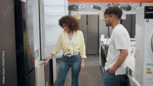 Couple choosing refrigerator in electronics store, slow motion