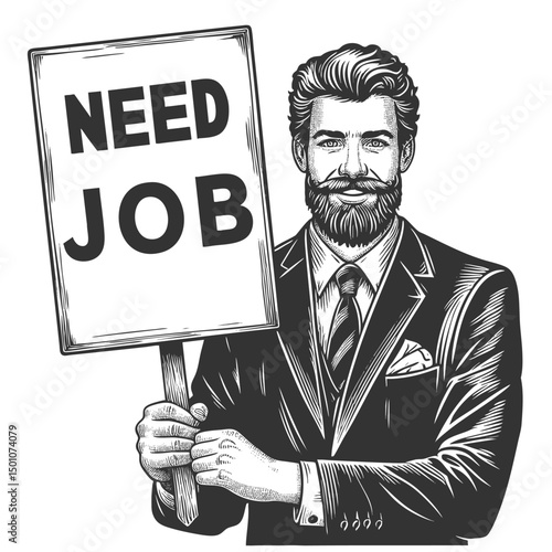 serious man in a suit holding a wooden sign reading I NEED A JOB, symbolizing unemployment and economic struggle sketch engraving generative ai vector illustration. Scratch board. Black and white.