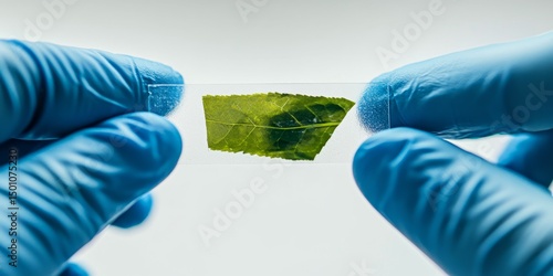 A close-up shot of an engineer wearing blue gloves holding up and examining a microact of Matcha green tea leaves on a transparent glass slide in a laboratory