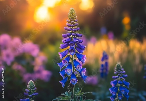 A garden scene at golden hour, featuring purple and blue flowers like foxgloves and thistles in the foreground with greenery and yellow grasses in the background