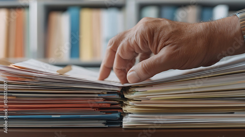 Person sifting through stacked documents, perhaps searching for a specific file or information amidst a collection of papers and folders.