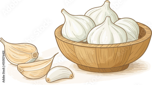 Garlic Cloves in a Bowl White Background Vector Illustration