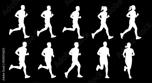 Running men and women, isolated vector white silhouettes on black background. Silhouettes of athletic looking male and female runners running. EPS 10 version.