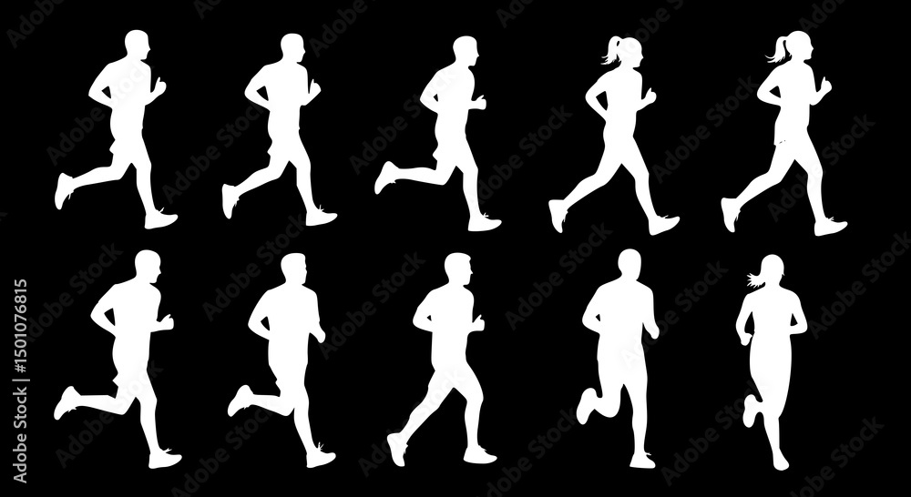 Fototapeta premium Running men and women, isolated vector white silhouettes on black background. Silhouettes of athletic looking male and female runners running. Transparent PNG version.