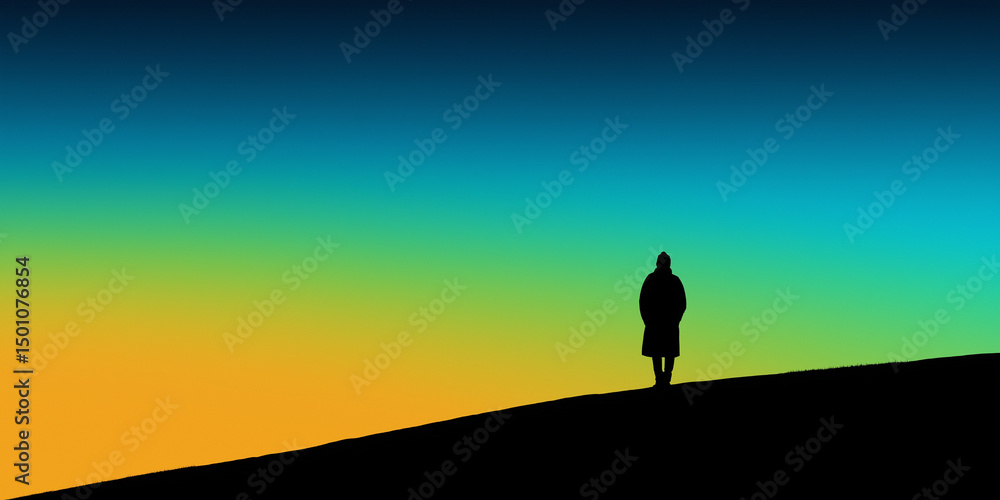 Minimal silhouette on hill with blue gradient sky Minimal silhouette on hill with blue gradient sky
