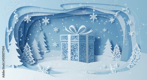 Paper Cut Christmas Gift Box In Snowflakes and Pine Trees Background Illustration