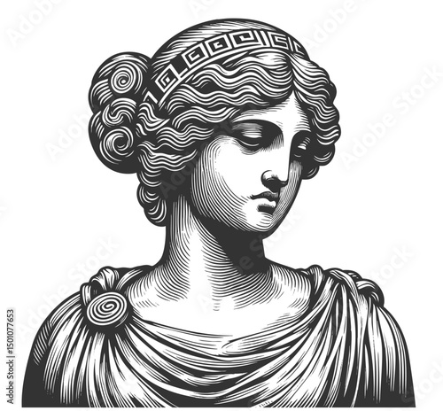 Ancient Greek or Roman female marble statue sketch engraving generative ai fictional character vector illustration. Scratch board imitation. Black and white image.
