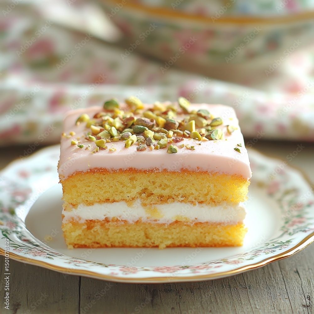Slice of Pistachio Cake with Rosewater Icing, Crushed Pistachios, and Vintage Floral Background Slice of Pistachio Cake with Rosewater Icing, Crushed Pistachios, and Vintage Floral Background