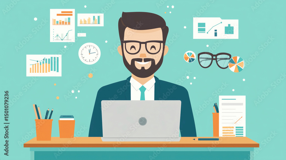 Caucasian male adult working on laptop with business graphics and charts Caucasian male adult working on laptop with business graphics and charts