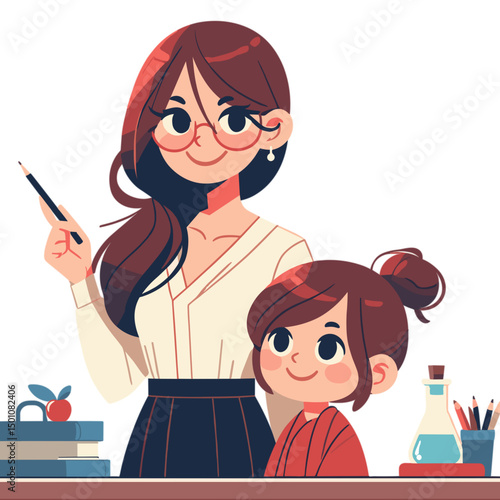 Creative woman teaching young girl with supplies in classroom setting  