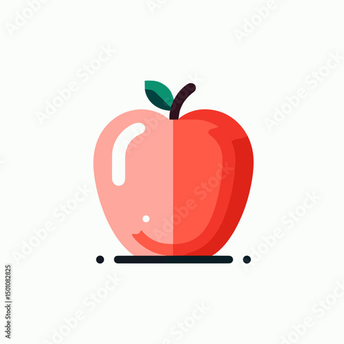 Red apple illustration with green leaf in minimal flat design  