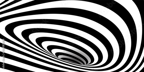 Distorted space wormhole illusion as a bw bg. Optical abstract tunnel with 3d portal effect. Geometric vector illustration. Circular whirlpool. Psychedelic pattern of black lines and stripes.