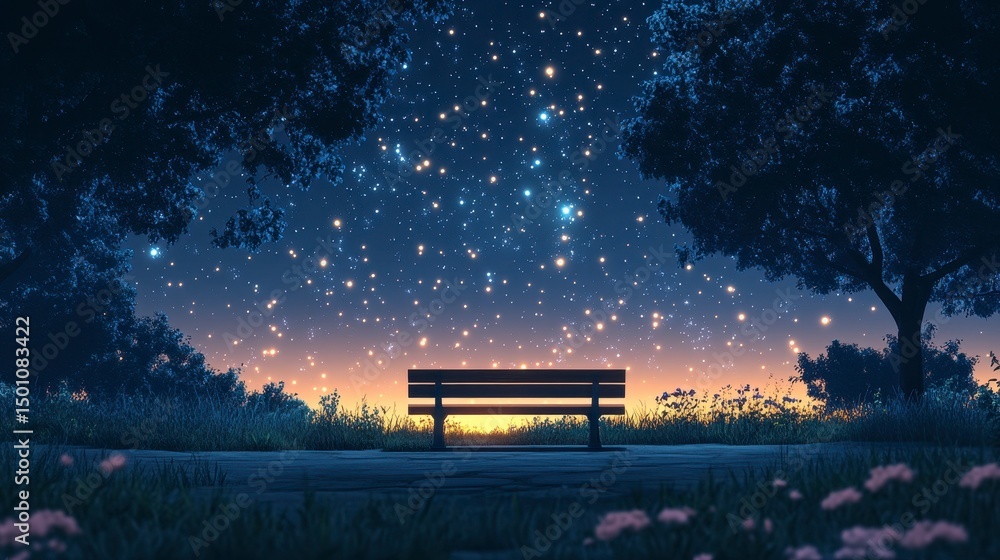 Obraz premium Bench silhouette under a starry sky, trees framing the scene with grass and flowers below