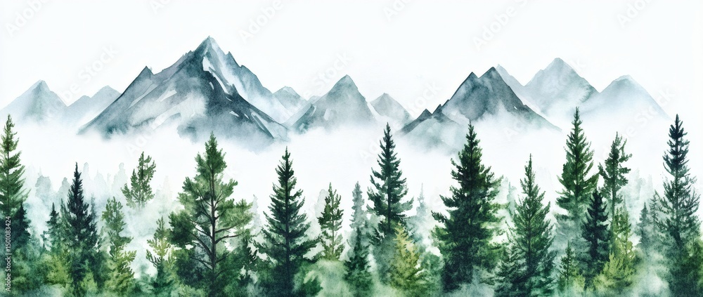 Fototapeta premium Watercolor landscape of dark green forest and layer mountains wild nature park hand paint. 