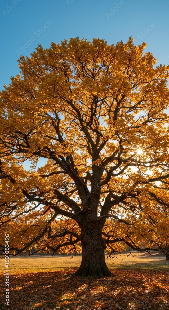 Fototapeta premium Photo Golden Autumn Tree Illuminated By Sun Against Clear Blue Sky