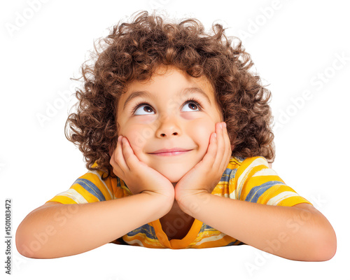 Curly haired boy with cheerful expression, resting his chin on his hands, gazing upwards. He wears striped yellow and white shirt, exuding sense of wonder and curiosity