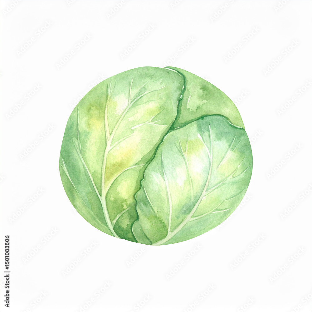 Fototapeta premium Watercolor painting of fresh cabbage isolated on white backdrop. Tasty and healthy vegetable.