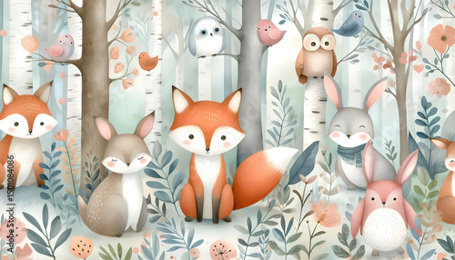 Whimsical watercolor forest kids room wallpaper with friendly animals - foxes, rabbits and owls, Ai created image