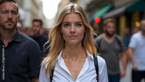 Wallpaper Mural Woman walking in the city, business people walking to work beside her Torontodigital.ca