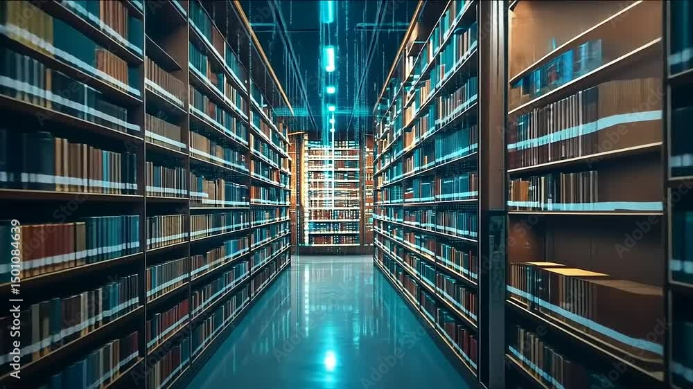 Immersive walk through a digital library with a glowing and reflective floor Immersive walk through a digital library with a glowing and reflective floor