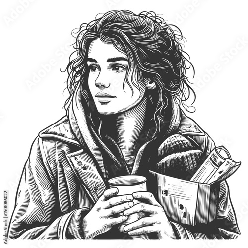thoughtful woman in layered clothing holding a warm drink and a box of documents or items sketch engraving generative ai vector illustration. Scratch board imitation. Black and white image.