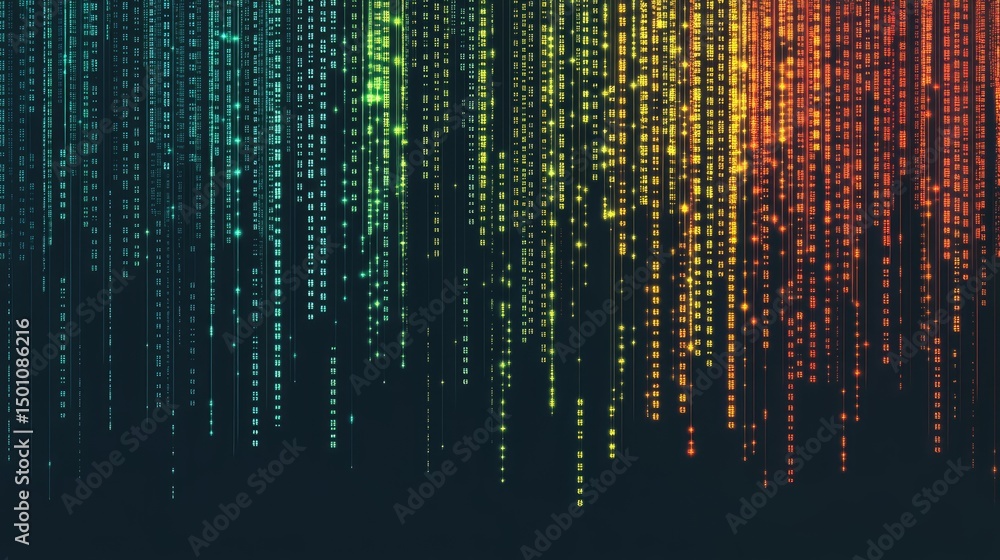 Abstract digital rain of colorful square pixels cascading down a dark background Abstract digital rain of colorful square pixels cascading down a dark background