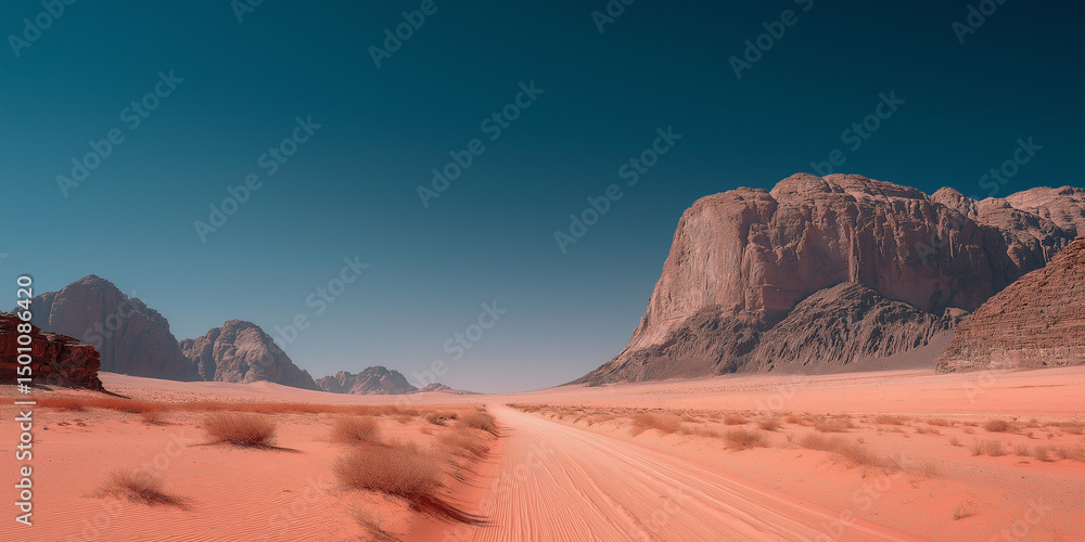 Naklejka premium Scenic desert expanse with mountain cliffs and blue sky 