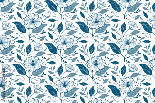 seamless sketch floral pattern in blue, cotton flower line design, textile repeat artwork for clothing, bags and kitchen fabric